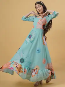BAESD Girl Floral Puff Sleeves Georgette Flared Maxi Dress