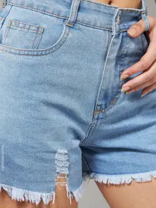 DOLCE CRUDO Women Blue Mid-Rise Ripped Relaxed Fit Denim Shorts