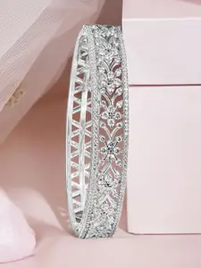 Rubans Rhodium Plated Silver Tone Cubic Zirconia Studed Flower Design Bangle Style Bracelet