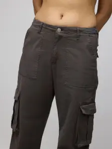 FREAKINS Women Straight Fit High-Rise Cotton Cargo Jeans