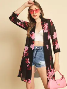 TANDUL Floral Printed Longline Open Front Shrug
