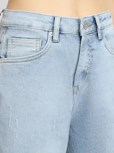 FOREVER 21 Women Straight Fit High-Rise Low Distress Heavy Fade Jeans