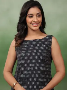 Sangria Black Abstract Printed Boat Neck Sleeveless Straight Kurta