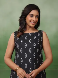 Sangria Black Abstract Printed Boat Neck Sleeveless Straight Kurta