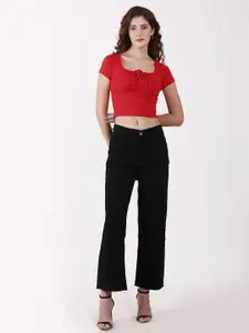 SIGHTBOMB Tie-Up Neck Cotton Fitted Crop Top
