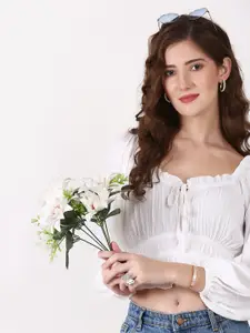 SIGHTBOMB Tie-Up Neck Puff Sleeve Ruffles Cotton Crop Top