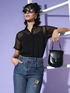 AAHWAN Self Design Spread Collar Semi Sheer Oversized Casual Shirt