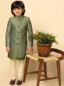 KISAH Boys Ethnic Woven Design Mandarin Collar Indowestern Sherwani