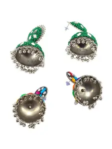 PRIVIU Set of 2 Silver-Plated Stones Studded and Beaded Dome Shaped Jhumkas