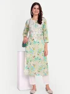 FILO HEVIS Floral Printed Thread Work Cotton Straight Kurta