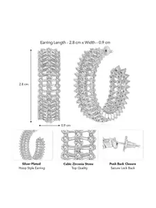 Peora Silver-Plated Cubic Zirconia Studded Contemporary Shaped Half Hoop Earrings