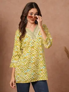 FASHOR Printed V-Neck Sequinned Pure Cotton Sequinned Kurti