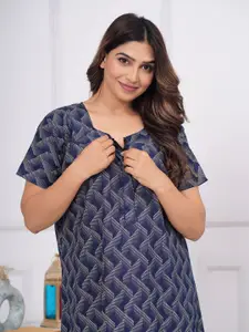 JVSP FASHION Geometric Printed Pure Cotton Maxi Nightdress