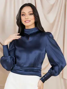 Styli High Neck Cuffed Sleeves Pleated Top