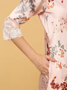 Sweet Dreams Peach & Beige Floral Printed Satin Maxi Nightdress