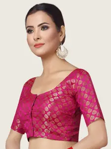 Studio Shringaar Round Neck Short Sleeves Woven-Design Saree Blouse