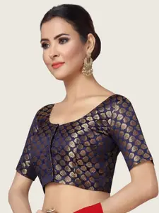 Studio Shringaar Round Neck Short Sleeves Woven-Design Saree Blouse