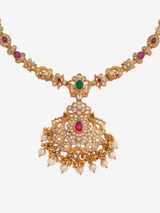 Kushal's Fashion Jewellery 92.5 Silver Gold-Plated Stones Studded Temple Necklace