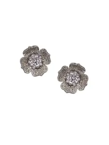 PRIVIU Rhodium Plated Floral Studs Earrings