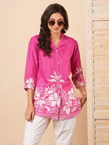 FASHOR Floral Printed Shirt Collar Kurti