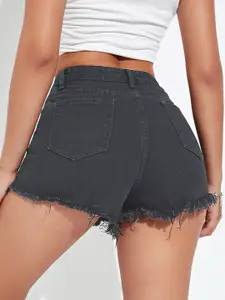 AAHWAN Women Slim Fit High-Rise Ripped Denim Shorts