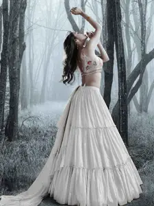 ODETTE Embellished Mirror Work Semi Stitched Lehenga With Unstitched Blouse & Dupatta