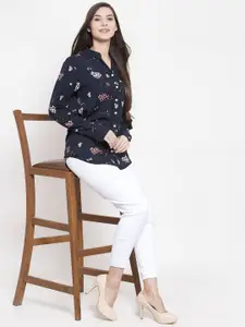 Purple State Floral Printed Mandarin Collar Cotton Shirt Style Top