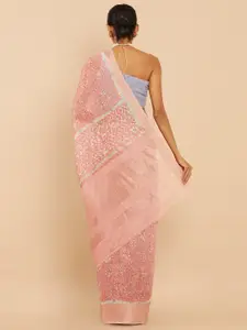 Soch Peach-Coloured & Silver-Toned Batik Art Silk Saree