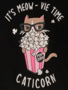 YK Girls Black and pink Cat Printed Hooded Sweatshirt With Contrast Details