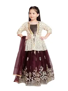 Tiny Kingdom Girls Burgundy & Cream-Coloured Embellished Sequinned Ready to Wear Lehenga & Blouse With