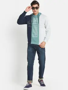 Octave Men Navy Blue & Green Printed Hooded Fleece Sweatshirt