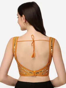 Amrutam Fab Women Yellow & Gold Embroidered Mirror Work Silk Saree Blouse