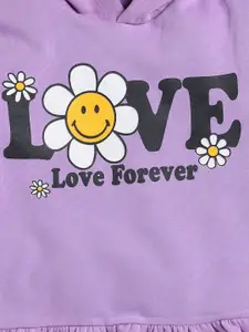 YK Girls Purple Groovy Typography Printed Hooded Fleece Sweatshirt Dress