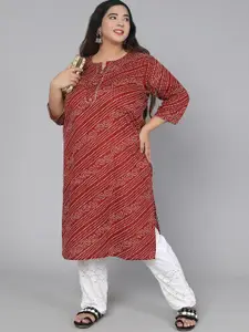Jevi Prints Plus Size Women Red & Yellow Bandhani Printed Pure Cotton Straight Kurta