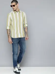 Flying Machine Men Light Olive Green Standard Slim Fit Striped Cotton Pure Casual Shirt