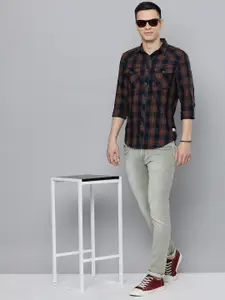 Flying Machine Men Navy Blue & Red Slim Fit Tartan Checked Pure Cotton Casual Shirt