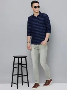 Flying Machine Men Navy Blue Standard Slim Fit Horizontal Stripes Striped Casual Shirt