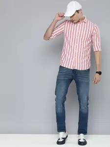 Flying Machine Men Red And White Standard Slim Fit Striped Oxford Pure Cotton Casual Shirt