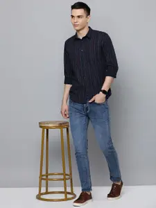 Flying Machine Men Navy Blue & Red Slim Fit Striped Pure Cotton Casual Shirt