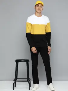Flying Machine Men Mustard And White Colourblocked Pure Cotton Sweatshirt