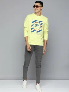 Flying Machine Men Yellow Printed Pure Cotton Sweatshirt