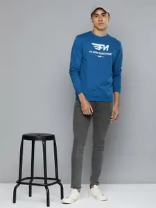Flying Machine Men Blue Brand Logo Print Knitted Pure Cotton Sweatshirt