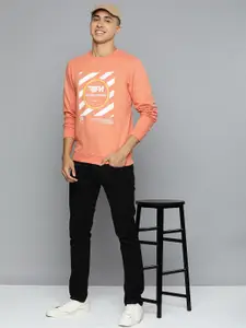 Flying Machine Men Coral Orange Brand Logo Print Knitted Pure Cotton Sweatshirt