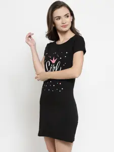 Claura Women Black Printed Cotton Nightdress