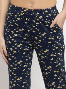 Claura Women Navy Blue & Yellow Pure Cotton Printed Night suit