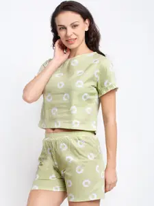 Claura Women Green & Off White Printed Nightsuit