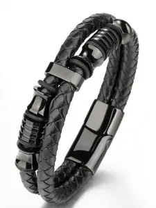 UNIVERSITY TRENDZ Men Black PU Leather Wraparound Bracelet