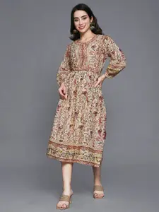 Ishin Women Beige Ethnic Motifs Cotton Midi Dress