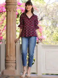 JISORA Maroon Floral Print Cotton Peplum Top