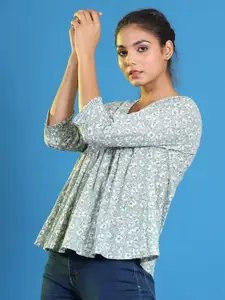 JISORA Green Floral Print Cotton Top